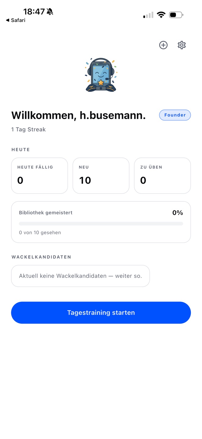 CURRENT daily session — cards due, new cards, mastery progress, daily streak